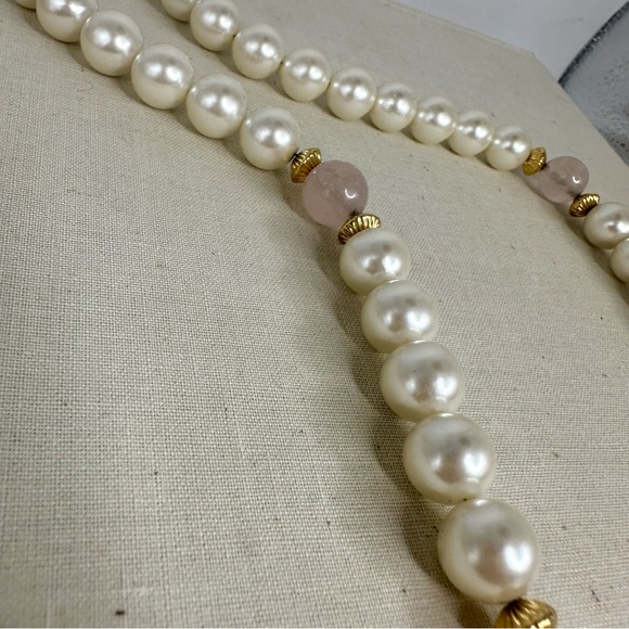 Vintage Napier Faux Pearl w Pink Quartz Beaded Necklace - Picture 3 of 4